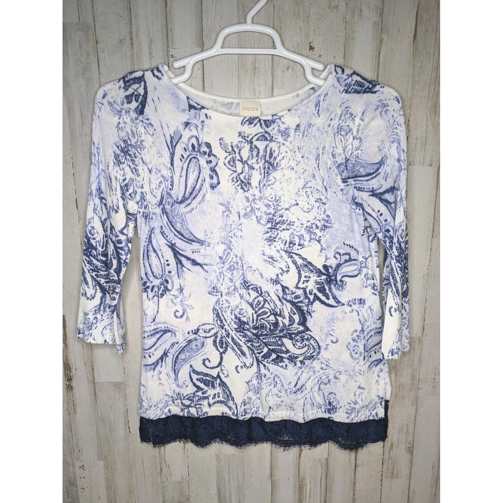 Chicos Womens Size 0 (4/6) Top 3/4 Sleeve Floral Bottom Lace‎ Blue White